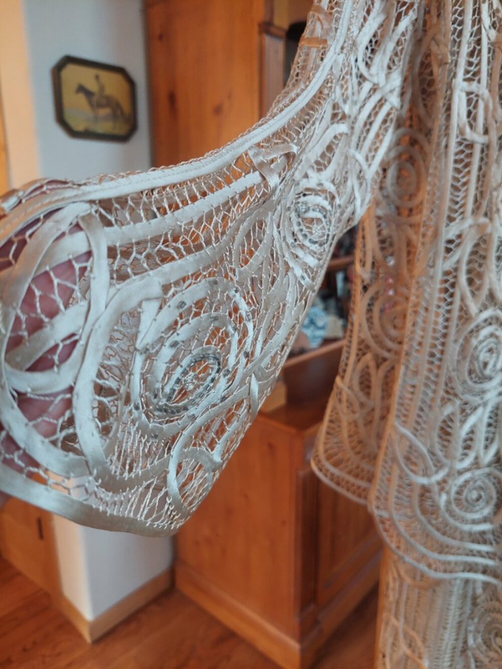 Soulmates Two Piece Silk, Lacework, Beaded Dress and Jacket, Cream color size xl - Picture 8 of 11